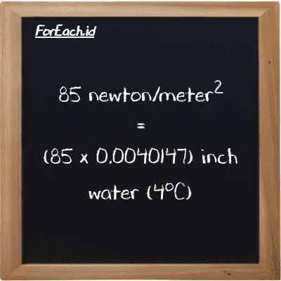 How to convert newton/meter<sup>2</sup> to inch water (4<sup>o</sup>C): 85 newton/meter<sup>2</sup> (N/m<sup>2</sup>) is equivalent to 85 times 0.0040147 inch water (4<sup>o</sup>C) (inH2O)